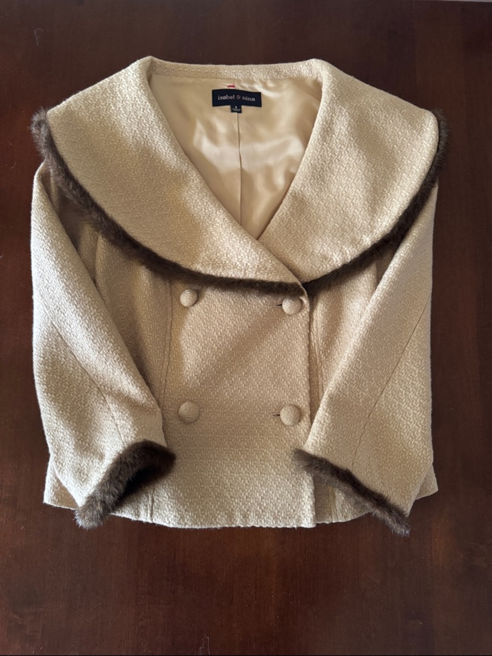 Isabel & Nina Cream Double-Breasted Pea Coat with Brown Trim